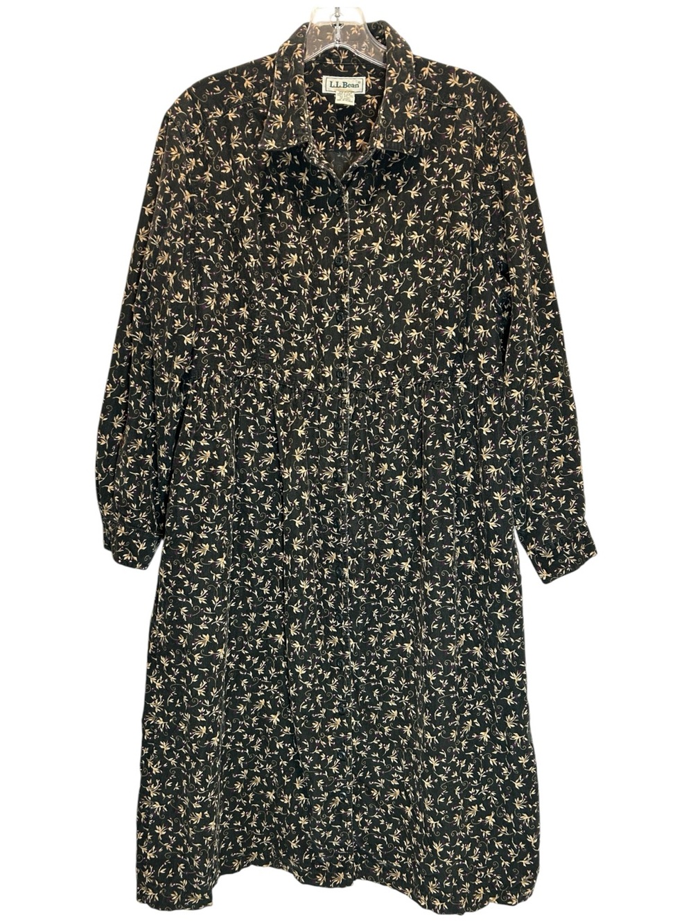VTG L.L. Bean Black & Tan Floral Pinwale Corduroy Midi Shirt Dress - 14 Petite